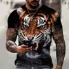 Camiseta de Manga Corta con Cuello Redondo para Hombre 2024 Venta Caliente Transfronteriza Estampado Digital 3D Animal Tigre Feroz Tendencia de Moda
