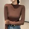 Camiseta de manga larga con cuello medio para mujer, corte ajustado, color liso, versátil, disponible en varios colores, estilo básico, prenda interior, top para mujer