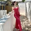 Atmósfera Deslumbrante Estilo Francés Puro Deseo Vestido Largo Strapless Floral Tridimensional Sexy Ajustado Sirena Bodycon
