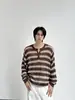 Tricô listrado de gola Henley manga longa estilo preguiçoso color blocking para homens, outono/inverno casual solto toque de alta qualidade suéter vazado moderno