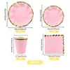 Em estoque conjunto de talheres descartáveis com estampa de onda rosa suprimentos de festa conjunto de decoração pratos de papel copos de papel guardanapos de papel