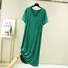 Vestido Feminino Curto de Manga Curta com Gola V e Bolso, Fino de Verão, Algodão Modal, Saia Base Solta Casual, Cobrindo a Barriga, Emagrecimento, Saia Longa