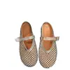 Chinelos Crochê Rede Vazada Uma Linha para Mulheres 2025 Novos Sapatilhas Bico Redondo Sapatos de Ballet Mary Jane Trançado