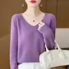 Suéter de Lã 100% Roupa de Primeira Linha Feminino Gola V Outono e Inverno Novo Camisa Base Tricô Solta
