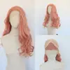 Peruca de cosplay versátil, peruca longa e cacheada estilo europeu e americano, aplique completo para a cabeça, ondas grandes, franja lateral, fibra sintética rosa, fibra de alta temperatura