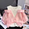 Camisa Holgada Elegante para Niñas 2026 Nuevo Estilo para Niños Mayores, Top Camiseta Elegante de Hombros Descubiertos, Top Falso de Dos Piezas