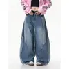 Jeans de calle retro americano lavados, deconstruidos, con dobladillo curvo para mujer, con tres rayas y diseño de pierna ancha tipo patchwork
