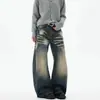 Marca independente Jeans vintage americano com estampa de raio e efeito desgastado, orelhas de gato, para homens e mulheres, silhueta afunilada niche, calça foice lavada