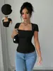Roupas Femininas Europeias e Americanas Transfronteiriças Verão 2025 Moda Estilo Europeu e Americano Camiseta Casual Slim Fit Gola Quadrada Top de Tricô Sexy Camiseta