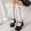 Meias 3/4 Femininas, Cor Sólida Preto e Branco com Painéis de Renda, Meias Finas de Cano Alto para Primavera e Verão, Meias de Princesa em Veludo, Respiráveis