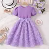 Vestido de Princesa Morado Perlado con Mangas Abullonadas, Lazo y Decoración de Rosa 3D para Niñas, Verano 2026, Vestido de Moda