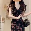 Vestido Preto Floral Pequeno de Manga Voadora Estilo Francês Transfronteiriço para Mulheres Verão Estilo Coreano Novo Estilo Lindo Longo Justo ao Corpo