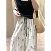 Calça Casual Reta com Estampa de Tinta Retrô para Mulheres, Verão Relaxada Cintura Elástica Algodão Linho Perna Larga Cropped
