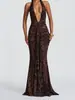 Vestido ajustado de cinta que se ciñe a la cadera, Nuevo estilo europeo y americano, Sin espalda, Otoño e Invierno, Cuello en V profundo, Estampado de leopardo sexy, Cuello halter transfronterizo