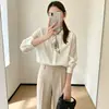 Estilo Old Money, lenço removível, barra com babados, camisa casual de manga comprida lisa para mulheres, nova coleção outono 2026, versátil