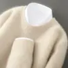 Suéter de lã 100% pura para outono e inverno masculino, gola redonda, espessado, corte solto, cor sólida, sarja, camisa básica tricotada casual de negócios