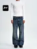 Calça Jeans Lavada Azul Retrô Americana Fengmei para Homens e Mulheres Slim Fit Estilo de Rua Bigodes de Gato Desgastada Tendência Casual Perna Reta Perna Larga