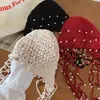 Sombrero de Punto Tejido a Mano para Viaje con Borlas de Perlas, Diseño Calado, Sombrero de Cúpula Transpirable 100% Algodón para Mujer, Estilo Étnico