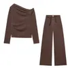 Comércio Exterior Transfronteiriço 2026 novo conjunto feminino europeu e americano de moda com top de manga longa e gola assimétrica com cinto e calça longa