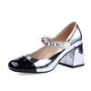 Zapatos de tacón alto de una sola capa con cadena de perlas y combinación de colores estilo hada 2023 Zapatos Mary Jane para mujer estilo británico con punta cuadrada y tacón grueso