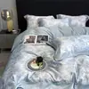 Juego de cuatro piezas de seda lavada con tacto fresco de verano, funda nórdica de seda helada, sábana y sábana bajera de Tencel sedosas y lisas estilo europeo para dormir desnudo