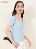 CANVAUS Camiseta de Manga Corta Estilo Coreano para Mujer Botones Cuello Henry Casual Canalé Verano 2023 Color Sólido Top Estilo bm