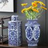 Jarrón de Cerámica de Porcelana Azul y Blanca Jarrón de Cerámica Estilo Chino Nuevo Adornos de Jarrón de Cerámica para el Hogar Adornos de Jarrón de Cerámica para Sala de Estar