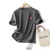 Camiseta Casual Feminina de Algodão Penteado de Alta Contagem de Fios com Bordado do Ano do Cavalo, Gola Redonda, Manga Curta, Corte Solto Afinando, para Primavera e Verão