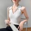 Blusa Sem Mangas com Lapela para Mulheres 2025 Verão Novo Nicho de Alto Nível Slim Camiseta Doce e Picante Gola Halter Decote em V Tricô Fabricante