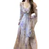 Vestido largo francés estilo vacación en la playa para mujer, estampado suave de flor de iris, mangas acampanadas con volantes, vestido ajustado que ciñe la cintura