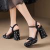Agotado, Sin ReposiciónY620-2 Sandalias de Plataforma Cuadradas con Tacón Grueso, Puntera Abierta, Decoradas con Pedrería, Estilo Chanel
