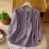 Camisa bordada de algodón y lino retro para mujer, verano 2025, nueva mamá, moderna, fina, de lino, top de manga siete