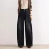 Calça Wide-Leg Drapeada Estilo Retrô Corte Tesoura Feminina 2026 Outono Novo Estilo Cobre o Quadril Cintura Alta Solta Versátil Jeans Calça Tendência