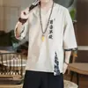 Camiseta Masculina de Verão Linho Estilo Chinês Bordada Manga Curta Cropped Tamanho Grande Solta Gola V Algodão Linho Manga Curta Masculino