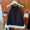 Vestido de Tirantes para Niña 2024 Verano Nueva Llegada Estilo Coreano Vestido Negro de Tirantes de Princesa Vestido de Princesa Estilo Occidental para Niña