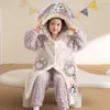 Pijama Infantil para Meninas, Inverno em Fleece Coral, Espessado, Com Veludo, Para Crianças Maiores, Conjunto de Robe de Comprimento Médio, Roupa de Casa para Meninas