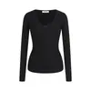 Camiseta básica de punto rosa con cuello en V para las cuatro estaciones, suéter interior para otoño e invierno, top ajustado de algodón color albaricoque