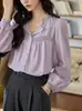 Camisa de Tencel y lino para mujer, color morado, con ribete de encaje, volantes y mangas tipo linterna, elegante top de trabajo estilo francés para otoño