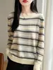 Suéter de punto para mujer, nuevo modelo Otoño 2026, cuello redondo, estampado floral a rayas, suéter fino de Tencel, corte holgado, camiseta básica