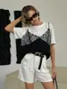 2026 Nueva Ropa Sexy para Mujer de Estilo Ins Europeo y Americano Transfronteriza Empalme de Encaje Holgada Básica de Cuello Redondo Manga Corta Camiseta