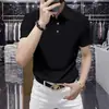 Camisa Polo de Color Sólido de Alta Gama para Hombre, Sin Planchar, Manga Corta, Corte Ajustado, Nuevo Estilo Otoño, Seda de Hielo, Elástica, Transpirable, Casual, Camiseta con Cuello Clásico