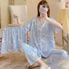 Conjunto Novo de Verão Hangtie de Três Peças Fino Doce Gola V Cardigã Solto Peça Externa Roupas de Casa Pijamas para Mulheres