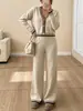 Conjunto de dos piezas de punto de manga larga para mujer, superventas transfronterizo: Top de Raya con Bloques de Color y Cuello en V + Pantalones de Pierna Ancha, Corte Ajustado, Versátil, Casual