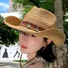 Chapéu de Palha Estilo Étnico Western Cowboy para Mulheres, Proteção UV ao Ar Livre no Verão, Chapéu de Sol para Férias na Praia, Proteção Solar, Chapéu para Montanhismo