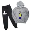 Conjunto de dos piezas con estampado de la estrella de fútbol Ronaldo de moda transfronterizo, Sudadera con capucha y pantalón de chándal casual para hombre y mujer