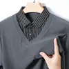Camiseta de Manga Longa Gola Lapela Versátil para Outono, Jovem e Meia-idade, Peça Básica de Tricô, Roupa de Pai para Outono, Top Falso Duas Peças, Moda