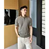 Camisa Polo de Refrigeración Hueca Vertical Verano Manga Corta para Hombre Viaje Punto Rayado de Lujo Ligero Seda de Hielo Jacquard Negro Albaricoque
