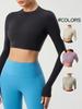 Sin Almohadilla en el Pecho, Ropa de Yoga de Cuello Redondo Alto, Camiseta de Manga Larga, Top Deportivo Corto Fitness para Mujer Color Piel Nude Daw173