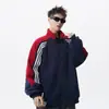 Moletom cardigã com gola alta e blocos de cor listrados estilo americano para homens, marca da moda, jaqueta esportiva casual solta nova para outono e inverno para homens