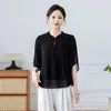 Temperamento Novo Roupa de Verão para Mães Gola Redonda Top Pequeno Esconde Gordura Falso Duas Peças Manga Média Roupa para Mulheres de Meia-Idade e Idosas Camisa de Chiffon